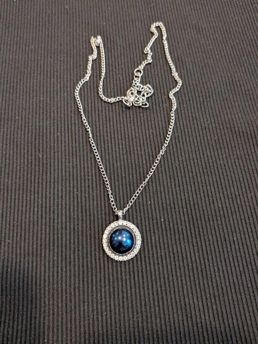 Elegant Silver Pendant Necklace 10" with Deep Blue Cabochon